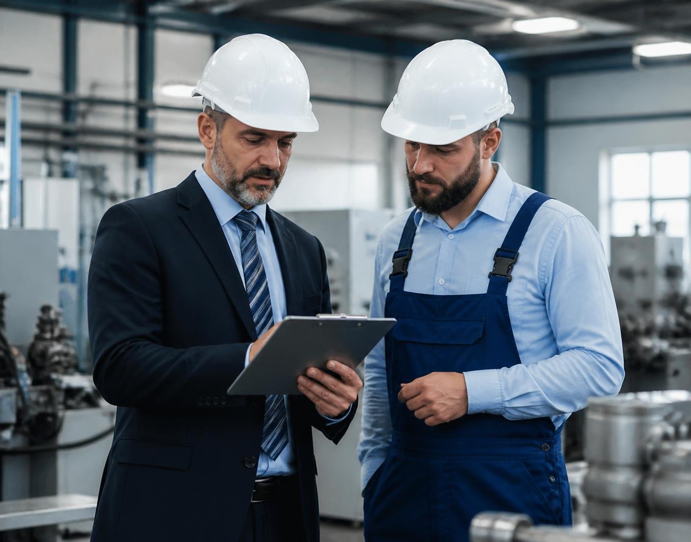 Manager and supervisor reviewing compliance records inside a manufacturing plant