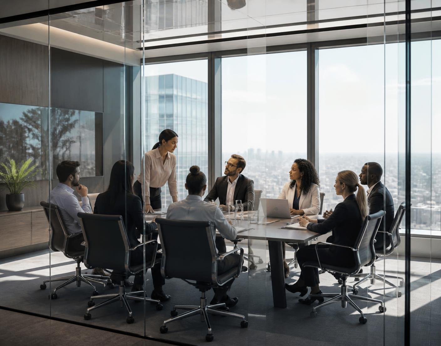 Consulting team collaborating in a glass-walled corporate meeting room