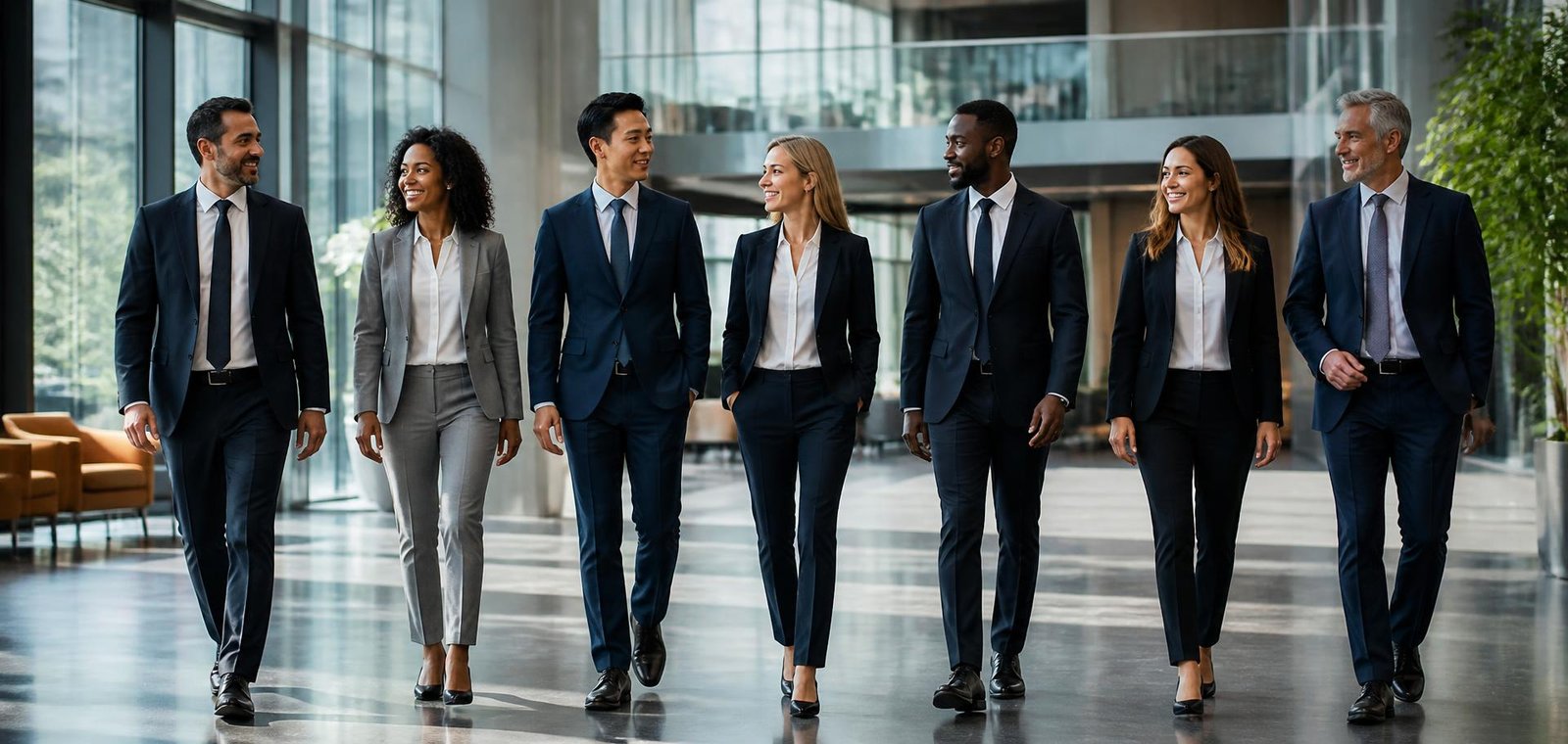 Corporate team walking together through a modern office atrium