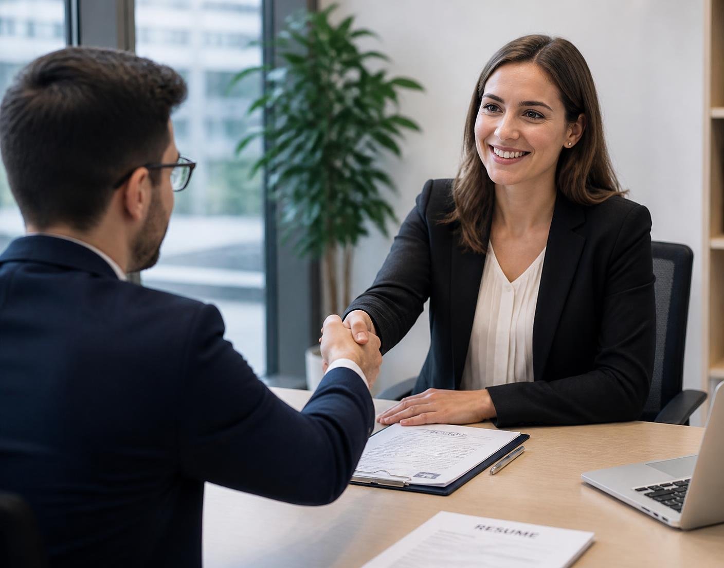 Recruitment consultant welcoming a shortlisted candidate in a modern office